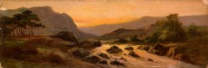 Zonsondergang, rotsachtige stroom